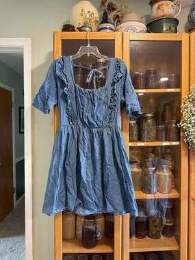 ASOS DESIGN Denim Square Neck Frill Smock Dress in Blue